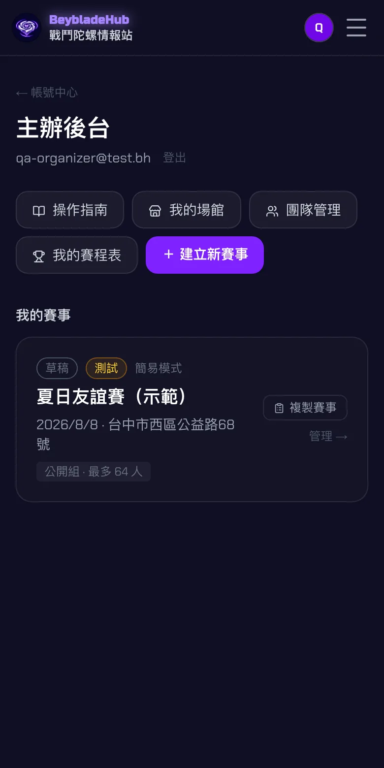 回到主辦後台,我的賽事列表出現剛建立的草稿賽事卡